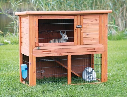 TRIXIE natura Outdoor Rabbit Hutch with Run - 2-Story Rabbit Cage with Non-Slip Ramp - Medium Elevated Small Animal House with Secure Playpen, Hinged Roof & Pull-Out Tray - in Brown