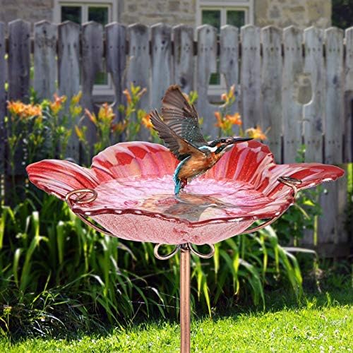 26" Glass Bird Bath, Outdoor Birdbath Bird Feeder Green Flower Metal Stake