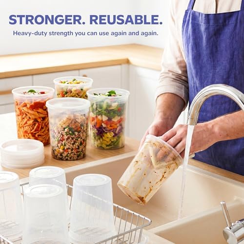 GUSTO 32 oz Plastic Deli Containers with Lids [24 Sets] Food Storage | Microwave, Dishwasher & Freezer Safe, Disposable or Reusable, BPA Free, Leak-Proof, Soups, Takeout, Meal Prep & Leftovers