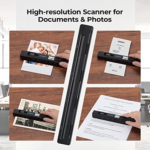 MUNBYN Portable Scanner, 900 DPI Handheld Wand Scanner, A4, 16GB SD, Black | A4 document/photo scanning, JPG/PDF output, flat scanning, USB transfer to PC/laptop, 16GB SD card included, no driver needed
