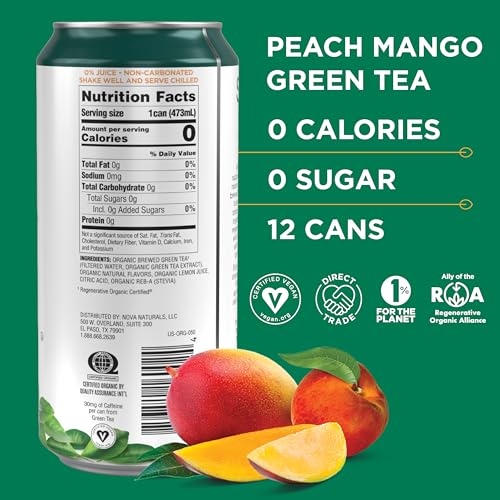 Steaz - Organic Green Tea - Peach (12 Pack) - 30mg Natural Caffeine, 70 Calories,Cane Sugar - Sweetened Iced Tea - Regenerative Organic Certified®️ - Vegan, Direct Trade - 12 Cans, 16 fl oz