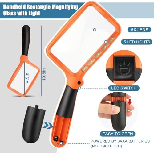 Folding Handheld Magnifying Glass with Light, 5X Large Rectangle Reading Magnifier with Dimmable LED for Seniors with Macular Degeneration, Newspaper