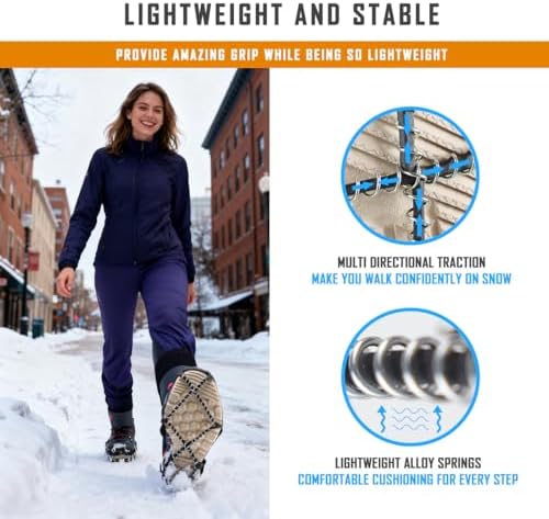 Anti-Slip Ice Cleats, Snow Grips, Crampons for Walking on Ice Snow | Ultra lightweight, Crack resistant High elasticity, for Hiking Fishing Running, with Storage Bag and 2 Straps