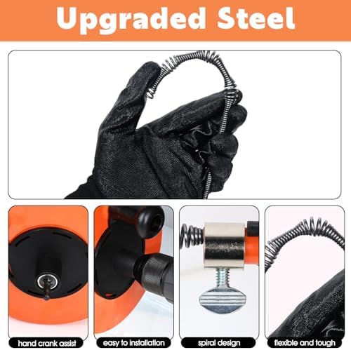 50 Ft Drain Auger,Use Manually or Drill Powered 50 Foot Drain Snake,Heavy Duty Flexible Plumbing Snake,With Gloves and Storage Bag for Kitchen Sink, Shower Drain (50FT, Orange)