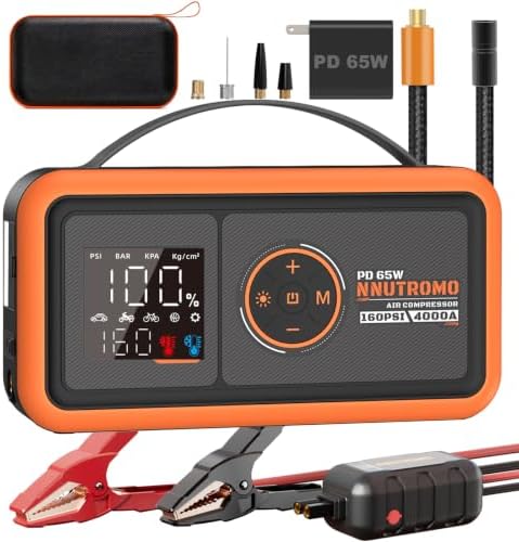 NUTROMO 4000A Jump Starter with Air Compressor, 65W USB-C Jump Box | True 24000mAh/88.8Wh, 160 PSI auto-stop inflator