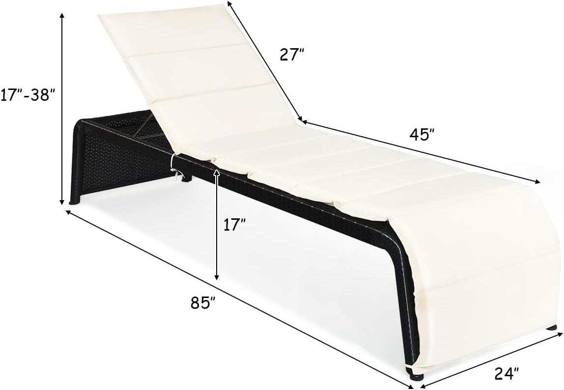 Tangkula Outdoor Chaise Lounge Chair, 5-Position Adjustable Rattan Recliner Chair w/Cushioned Seating and Adjustable Feet