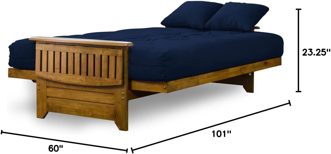 Brentwood Tray Arm Futon Frame, Drawers, and Khaki Mattress Set - Queen, Rich Heritage Finish