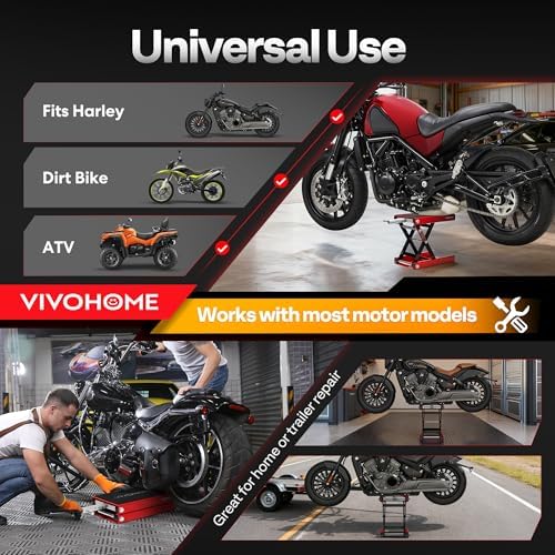 VIVOHOME 1100 LBS Motorcycle Lift Scissor Jack, Wide Deck Hoist Stand, Red | Height Adjustable Center Stand with Crank, Steel Lift for Cruiser, Dirt Bike, ATV