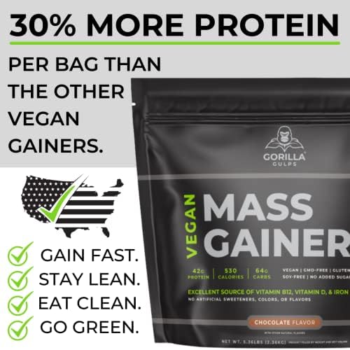 Gorilla Gulps – Mocha Vegan Mass Gainer – 5 lb Natural High Calorie Protein Powder – GMO, Gluten, Dairy