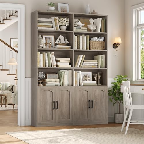Bookshelf and Bookcase with Doors, Double Wide Large Bookshelves | Industrial Open Display Shelves 6 Tier, 73'' Tall Bookshelf with Storage Cabinets for Office,Home, Living Room, Library,White