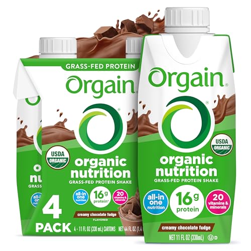 Orgain Organic Grass Fed Dairy 16g Protein Shake, Chocolate, 11oz, 4pk | Ready to drink grass-fed dairy protein, meal replacement