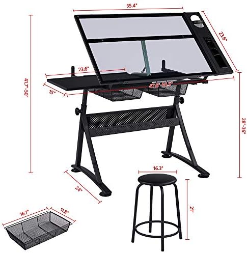 Yaheetech Adjustable Drafting Table & Stool, Tilting Glass Art Desk