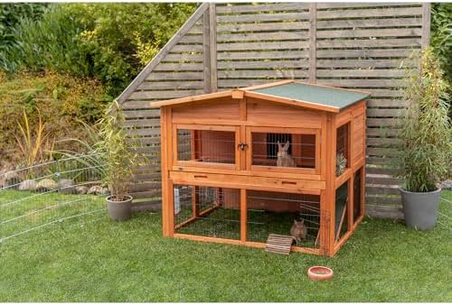TRIXIE natura Outdoor Rabbit Hutch with Run - 2-Story Rabbit Cage with Non-Slip Ramp - Medium Elevated Small Animal House with Secure Playpen, Hinged Roof & Pull-Out Tray - in Brown