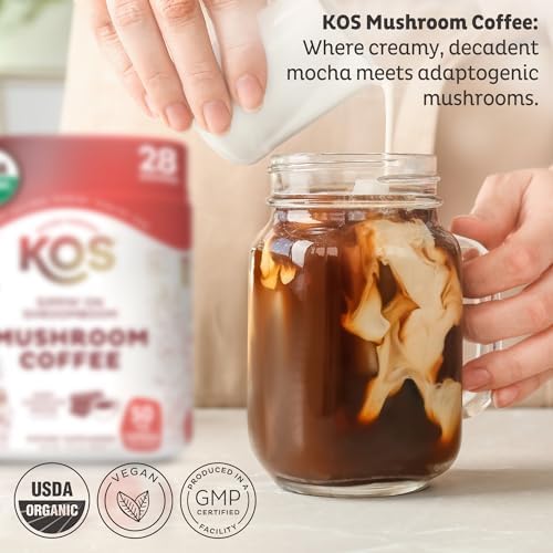 KOS Mushroom Coffee - USDA Certified Organic - Dark Chocolate Mocha Flavor - Mushroom Coffee Latte Powder with Reishi, Cordyceps, Lion's Mane