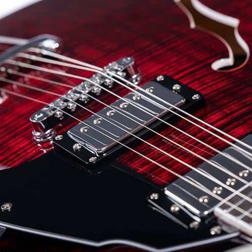 GROTE Jazz Electric Guitar Semi-Hollow Body Trapeze Tailpiece Bridge Guitar Gig Bag (RED)