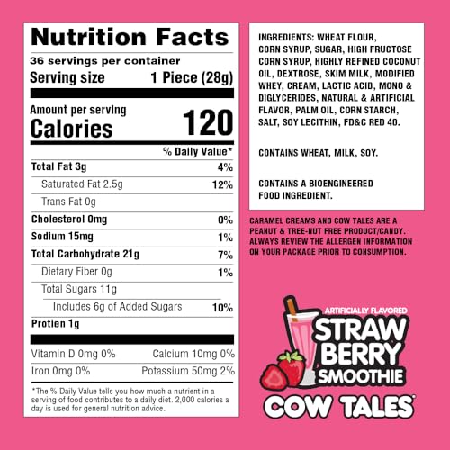 Goetze's Candy Strawberry Smoothie Cow Tales - 2.25 Pound Canister (36 Ounces) - Fresh from the Factory