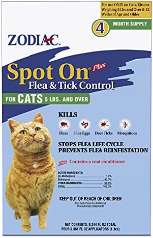 Zodiac Spot On Flea & Tick Prevention for Cats 5 lbs and Over, 4 Pack | Cat flea treatment topical, starts killing fleas in 15 minutes