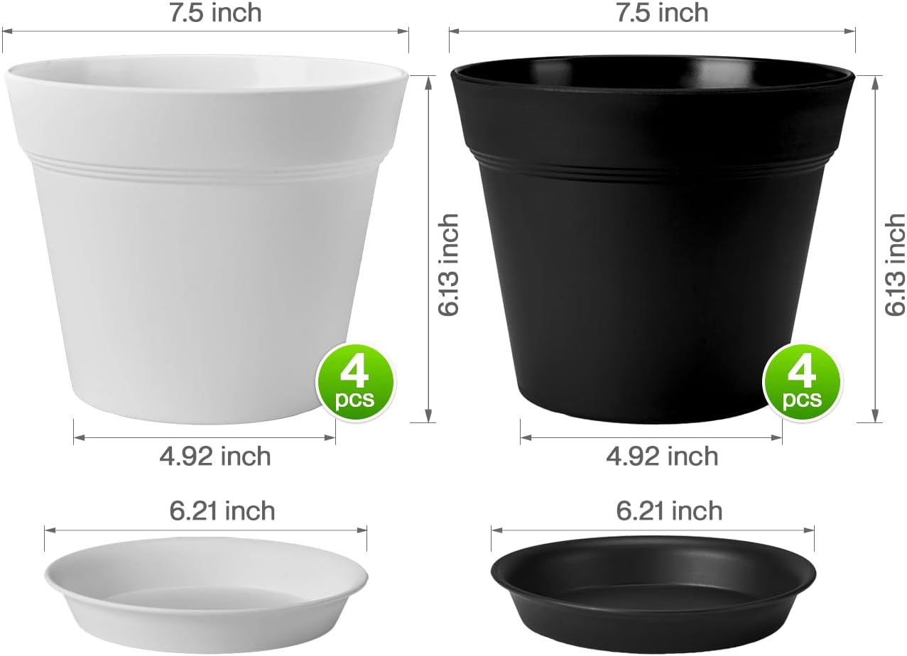 homenote 7.5 Inch Plastic Flower Pots with Drainage Holes and Trays (8 Pcs)