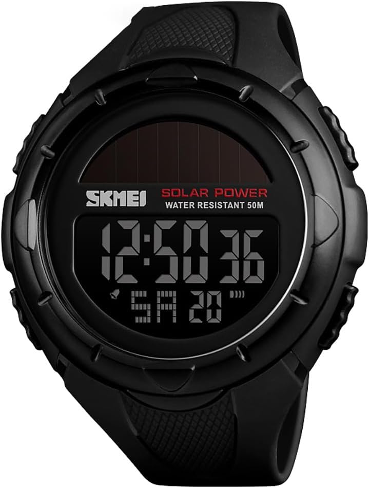MASTOP Solar Powered Energy Watch for Men Military Digital Multifunctional Led Luminous Indication 2 Time Zone 50m Waterproof Watch Reloj Solar para Hombre