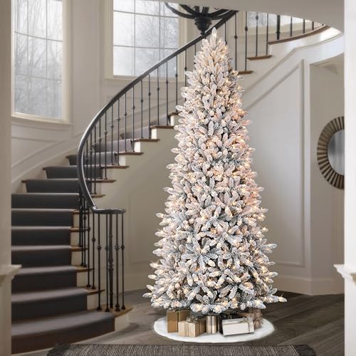 Puleo International 7.5 Foot Pre-Lit Slim Flocked Fraser Fir Artificial Christmas Tree with 500 UL Listed Clear Lights