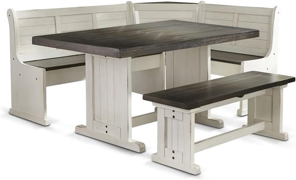 Carriage House Wood Breakfast Nook Set, Off White and Dark Brown Finish, Mahogany Base, Hidden Storage Benches, Reversible Design