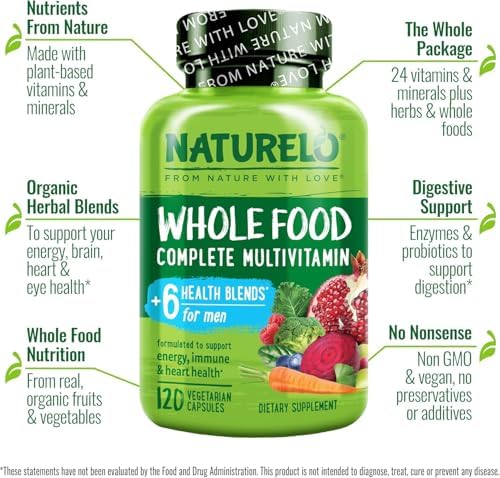 NATURELO Men's Multivitamins - Whole Food Multivitamin for Men, 120 Caps | Vitamins, minerals, vegetarian capsules, energy, brain, heart, eye health*