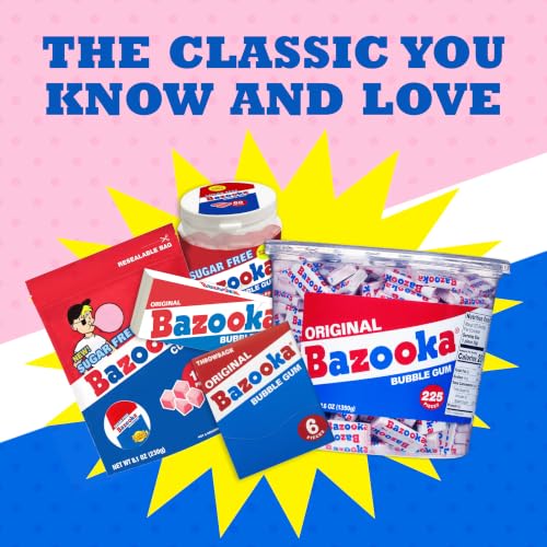 Bazooka Bubble Gum Bulk, 225 Count Tub of Chewing Gum | Individually Wrapped, Old Fashioned 90's Candy for Baseball, Party Favors, Goodie Bags