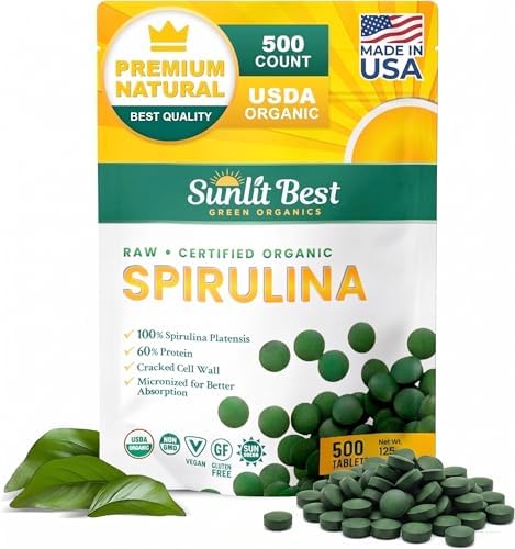 Sunlit Best Organic Spirulina Tablets, Pure Natural Superfood Pills 1000 CT | USDA Certified, 60% Vegan Protein, 18 Amino Acids, Chlorophyll Antioxidants Enzymes, Non GMO, Immune Liver & Energy Support