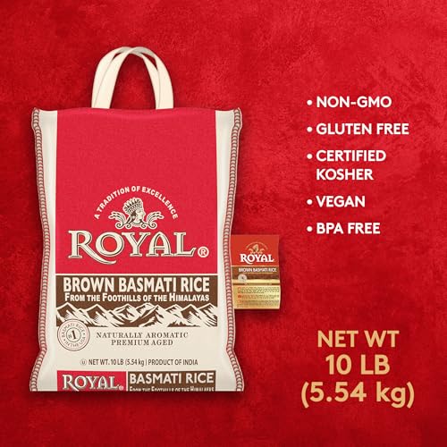 Royal Brown Basmati Rice - Authentic Long Grain Rice - 10 lb Bag | Perfect for Biryanis, Pilafs & Curries - Cook in Microwave or on Stove Top