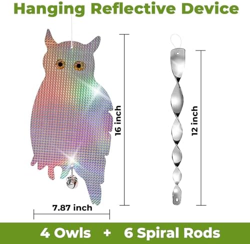 Dyvicl Fake Owl Hanging Reflective Owl for Woodpecker Deterrent 4 Pack, Bonus 6 Reflective Scare Spiral Rods