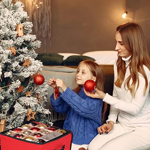Christmas Ornament Storage Box, 4 Individual Trays Xmas Storage Container, Fits 64 Ornaments Decoration Balls, Constructed of Durable Polyester Material (Red)