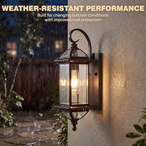 Solid Copper Outdoor Wall Light, 18.5" Oil Rubbed Bronze Porch Lantern with Clear Beveled Glass, Exterior Wall Sconce for Front Door, Garage