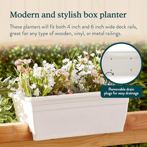 The HC Companies 24 Inch Heavy Duty Deck Rail Planter Boxes, White, 4-Pack
