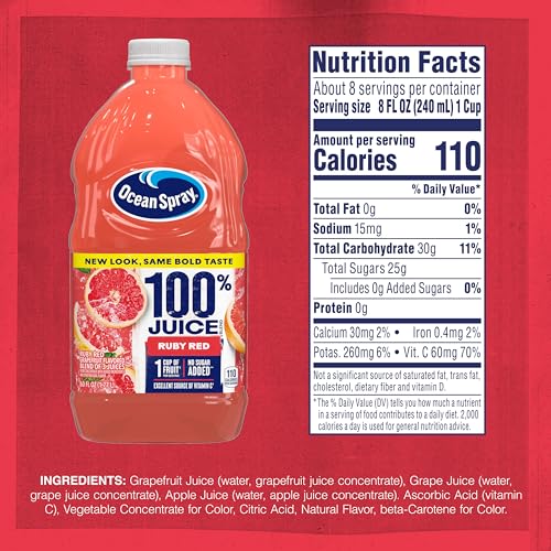 Ocean Spray 100% Juice, Ruby Red Grapefruit, 60 Ounce Bottle (Packaging May Vary)