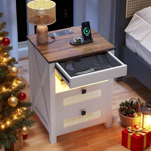 LED Night Stand with Gun Drawer & Charging Station | Human Sensor Lights, Hidden Storage, Farmhouse Rattan Style, 3 Drawers, Bedside Table for Bedroom, End Tables Livingroom