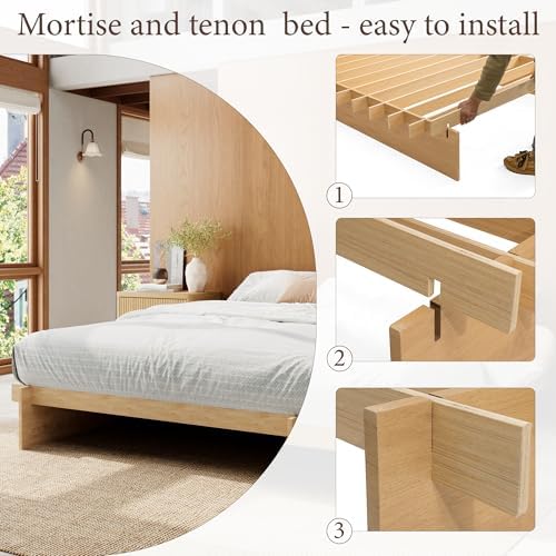 Brafab Tooless Queen Bed Frame, Wooden Japanese Joinery Platform Bed Frame | Wood Slat Support, Assembly in 10 Min, 8" Underbed Storage, No Box Spring Needed, Noise Free, Kid-Friendly Design, Natural