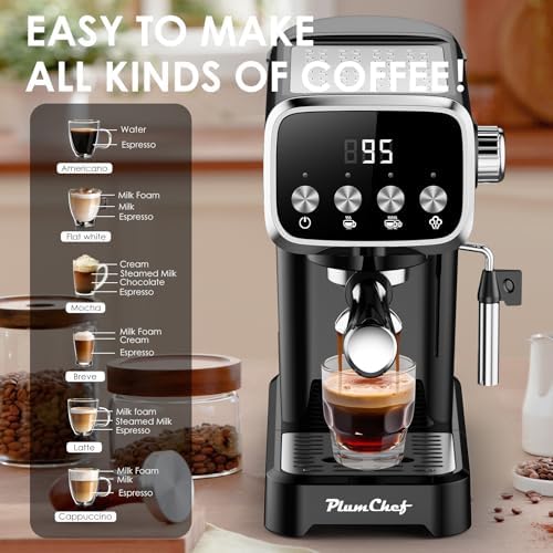 Plum chef Espresso Machine 20 Bar, Household Coffee Maker with Milk Frother Steam Wand, Pressure Gauge, 54oz Large Water Tank, Low Noise Fast Brew for Cappuccino Latte Macchiato Home Office