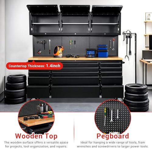 72-inch Tool Chest Cabinet Rolling Garage Workbench with 15 Storage Drawers and Wheels, 3 Upper Cabinet, Pegboard, Steel Large Tool Box,Matte Black