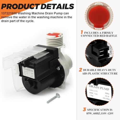 137221600 137108100 134051200 Washer Drain Pump by Beaquicy(365 DAYS WARRANTY) - Replaces 134740500 134740800 137151800 PS7783938 AP5684706