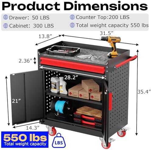 LMTC Heavy Duty Utility Cart, Metal Utility Service Cart 550 lbs Capacity, Rolling Tool Cart with Locking Casters, Adjustable Shelf for Warehouse