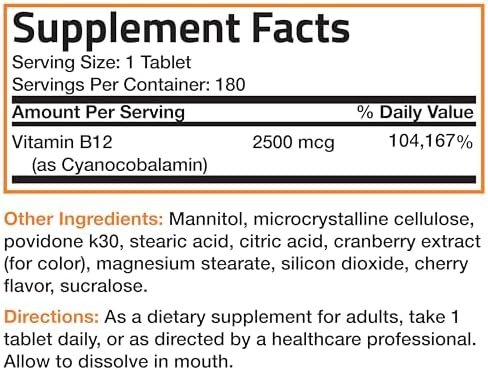 Vitamin B12 2500mcg Shot of Energy Fast Dissolve Chewable Tablets - Quick Release Cherry Flavored Sublingual B12 Vitamin - Supports Nervous System, Healthy Brain Function Energy Production – 90 Count