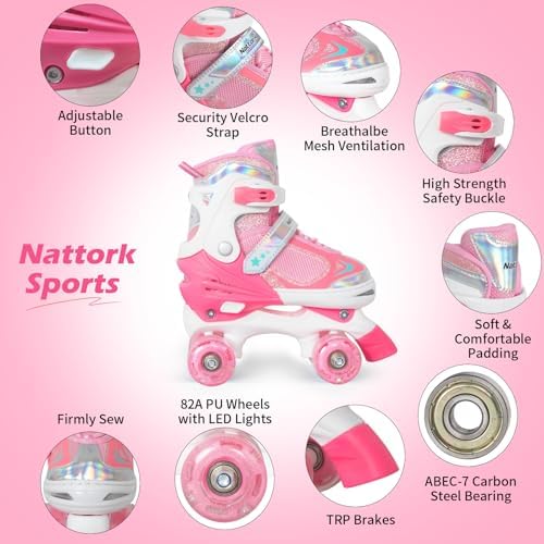 Nattork Kids Roller Skates for Boys Girls Kids, 4 Sizes Adjustable Quad Skates with All Light up Wheels - Birthday Gift for Indoor Outdoor Sports