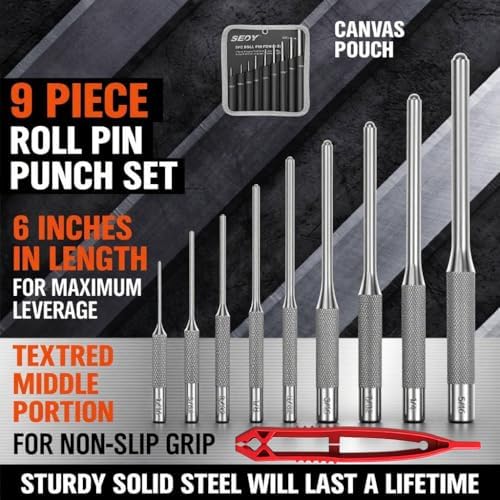 9-Piece Roll Pin Punch Set - Fast Pin Removal - Durable Steel & Construction - For Automotive, Firearm Maintenance, Watch