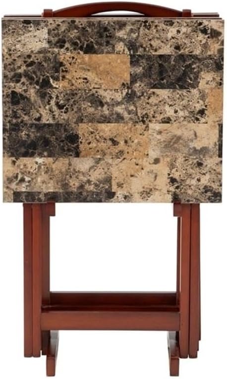 Riverbay Furniture 5 Piece TV Tray Table Set, Faux Marble Tops, Rubberwood and MDF, Brown Finish, Includes 4 Folding Tray Tables and 1 Storage Stand, Compact Design for Living Room or Home Use