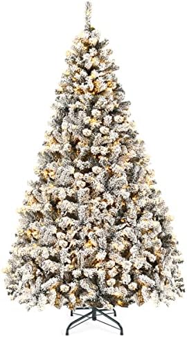 Goplus 7.5ft Pre-Lit Artificial Christmas Tree, Premium PVC Snow Flocked Hinged Pine Tree with Metal Stand and LED Lights