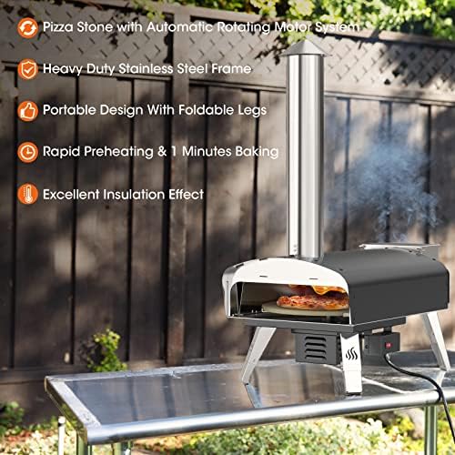 Mimiuo Auto-Rotating Wood Pellet Pizza Oven Outdoor 40Lbs, 60S Bake w/Stone