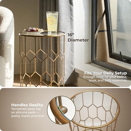 Click365 Harper Round Glass Accent Side Table, 16 Inch Modern End Table with Gold Metal Geometric Frame for Living Room, Bedroom or Small Spaces