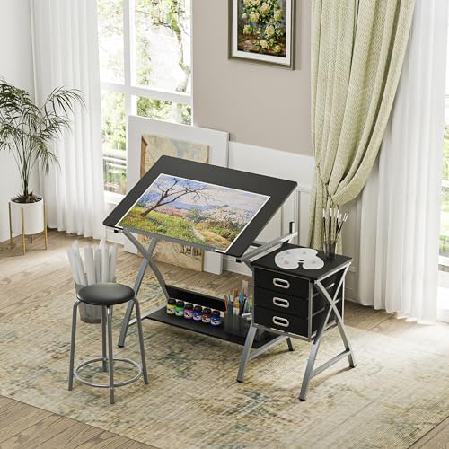ZENY Drafting Table and Stool, Tilted Draft Table Desk w/Drawers, Artist Drawing Desk Craft Table for Drafting, Painting, Reading, Writing