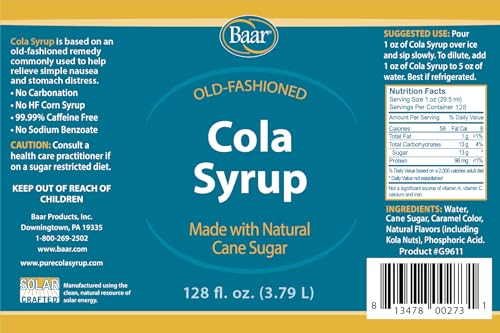 Baar Caffeine-Free Cola Syrup with Pure Cane Sugar, 12 oz | Non-Carbonated Cola Syrup, No High Fructose Corn Syrup, Made with Pure Cane Sugar for Mixing Drinks and Recipes