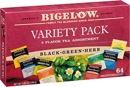 Bigelow Tea Green Tea Assortment, 64 Count (Pack of 1) | Individually Wrapped Tea Bags with Classic, Decaffeinated, Mint, Peach, Constant Comment, Lemon, Mango, and Earl Grey Teas